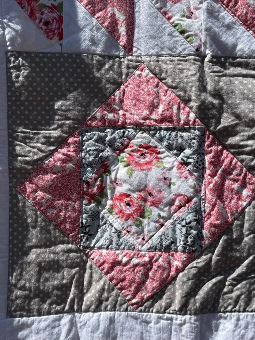 Vintage-Inspired Cozy “Avery Rose Quilt Baby or Throw Blanket In Pinks and Gray